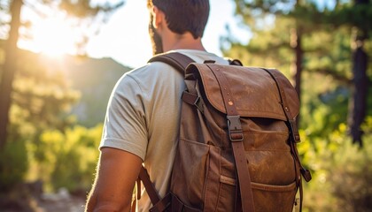 Man with Backpack Hiking Through Sunny Forest Trail Enjoying Outdoor Adventure and Serene Nature Scenery at Golden Hour