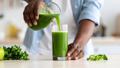Man Pours Green Healthy Juice From Pitcher Into Glass With Fresh Ingredients On Table