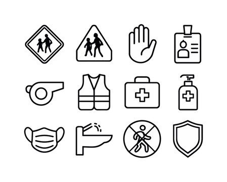 School Safety Icons. School safety. Line icon set of school safety: crosswalk sign, school zone sign, stop hand, ID badge, whistle, safety vest, first aid kit,