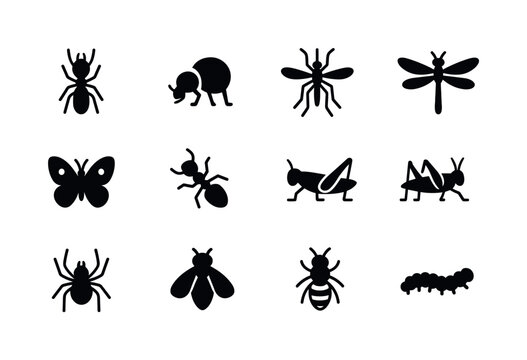 Savanna Insect Icons. Savanna Insects. Solid icon set of Savanna Insects: termite, dung beetle, mosquito, dragonfly, butterfly, ant, locust, grasshopper,