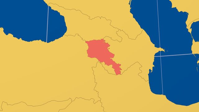 Armenia on Globe. Animated zoom into the country in Ocean Blue Golden Yellow color palette. Armenia logo animation. Map with meridians, parallels. Awesome video.