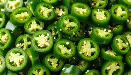 Pile Of Freshly Sliced Green Jalapeno Pepper Rings With Visible Seeds And Texture Detailed CloseUp Studio Shot With Natural Lighting