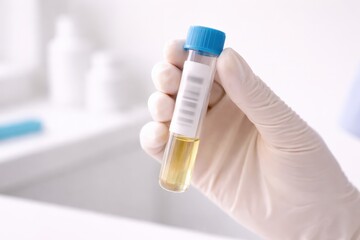 A Close-Up of a Hand Holding a Test Tube Containing Urine, Indicating Medical Testing and Diagnostics Related to Health Assessments and Laboratory Procedures