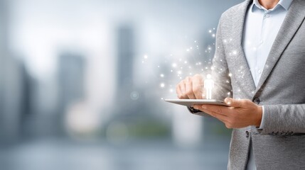 A person uses a tablet to connect with others, symbols of online interactions appear above the device during sunset in a city