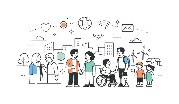 Harmonious Cityscape. Modern inclusive society. Abstract cityscape with diverse people visible in harmony. Sense of coexistence and shared future, minimal
