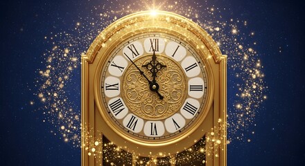 Elegant antique grandfather clock with golden ornate frame and sparkling confetti against a dark blue background