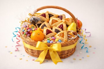 A Vibrant Festive Basket Filled with Colorful Treats, Pastries, Fruits, and Festive Decorations for Celebrations and Gatherings