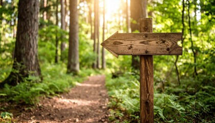 Wooden Arrow Signpost Points Path Through Lush Green Forest with Sunbeams Filtering Through Trees