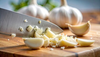 Sharp Silver Knife Chopping Fresh Garlic Cloves on a Wooden Cutting Board with Soft Focus Background