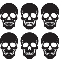 six black skulls on white background