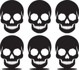 six black skulls with white eyes and teeth on white background
