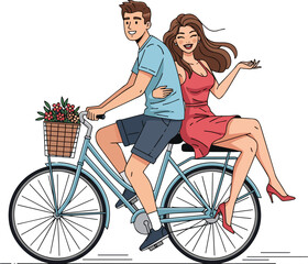 Create a realistic Happy couple riding a bicycle together with a sexy woman sitting on the rack, vector art with white background.