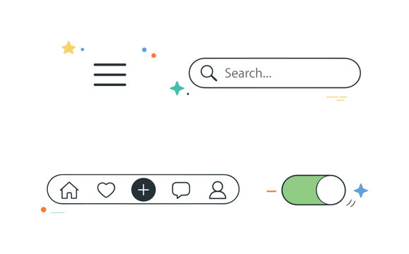 Minimal Mobile UI Elements. Mobile app elements set. Minimal icon set including hamburger menu, bottom nav bar, search input, and toggle switch ? representing