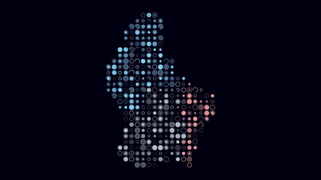 Luxembourg animated country shape. Pulsating colored dots on the map of the country. Large size circle blocks. Digital style Luxembourg map on dark background. Creative animation video.
