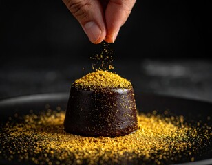 Hand Sprinkling Edible Gold Glitter On Dark Chocolate Dessert With Glitter Scattered Around On Black Plate With Dark Background