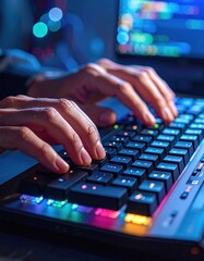 Close up of Person's Hands Typing on a Colorful RGB Keyboard in a Dark Room with Blurred Computer Screen Background