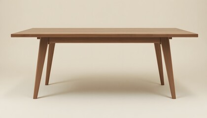 Modern wooden table with tapered legs on beige background