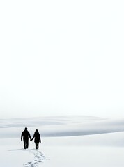 Couple walking hand in hand through snowy winter landscape leaving footprints behind in minimalist white scene for romantic seasonal content.