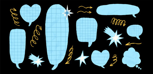 Crumpled blue grid paper speech bubbles set. Vector cutout dialogue collage math pieces heart, cloud irregular shape. School message blank text boxes. Scrapbook torn chat comic cut out isolated no bg.