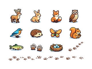 Obraz premium Valley Wildlife Icons. Valley wildlife. Colorful isometric vector icons set of valley wildlife: deer, rabbit, fox, owl, songbird, hedgehog,