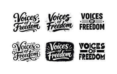 Fototapeta premium Creative Lettering Styles Grid. Voices of Freedom. Set lettering. harmonious lettering variations of the same emblematic concept, each with different artistic
