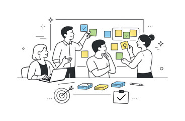 Creative Decision Making. Concept refinement meeting. Team selecting and organizing the best sticky note ideas. Focused decision making and clarity after