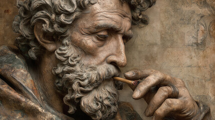 Ancient statue of a pensive philosopher holding a pipe conveys deep contemplation and textured classical portrait aesthetics
