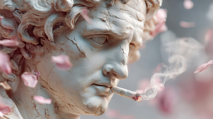 Ancient statue with cigarette among cherry blossom petals creates poetic contrast of classical beauty and fleeting smoke
