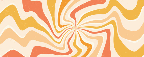 Groovy twisted starburst background. Retro spiral sun rays abstract circus warm illustration. Vector dynamic lines decoration. Radial carnival stripes backdrop. Sunburst textured 70s design. © Syuzann q