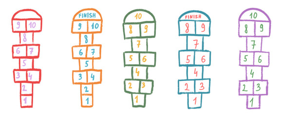 Hopscotch games chalk outline brush stroke drawn. Kids kindergarten pencil crayon elements set isolated on transparent background. Hop scotch playground entertainment. Vector colorful illustration.