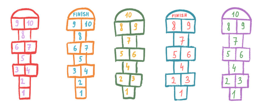 Hopscotch games chalk outline brush stroke drawn. Kids kindergarten pencil crayon elements set isolated on transparent background. Hop scotch playground entertainment. Vector colorful illustration.