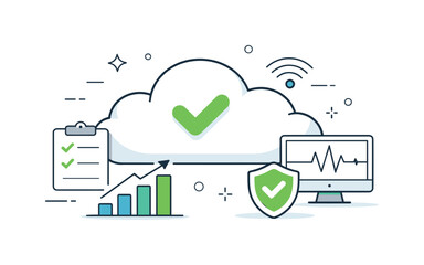 Obraz premium Stable Cloud Security. Cloud reliability and uptime. Stable cloud icon supported by checkmarks, graphs, and monitoring signals, symbolizing secure