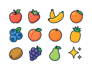 Fototapeta premium Colorful Fruit Icons. Tasty fruits. Colorful isometric vector icons set of tasty fruits: apple, strawberry, banana, mango, blueberry cluster, peach, orange,