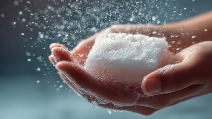 Fototapeta premium Hands hold a bar of soap with bubbles in a bathroom setting during a cleaning activity
