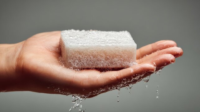 Hand holds a soap bar with bubbles and water dripping at home during daytime