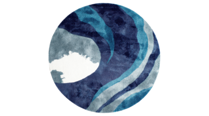 Round blue watercolor abstract rug with an ocean wave pattern, providing modern home decor style and a calming visual for contemporary interiors on transparent background