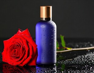 Elegant Cobalt Blue Cosmetic Bottle with Gold Cap and Red Rose on Wet Dark Surface with Water Droplets