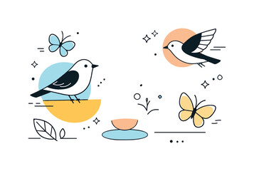 Fototapeta premium Abstract Nature Harmony. Abstract nature composition. Stylized birds and butterflies combined with soft geometric shapes, creating a modern