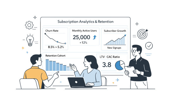 SaaS Metrics Analysis. Subscription analytics and retention. A SaaS team analyzing churn and growth metrics on a dashboard. Insight-driven optimization and