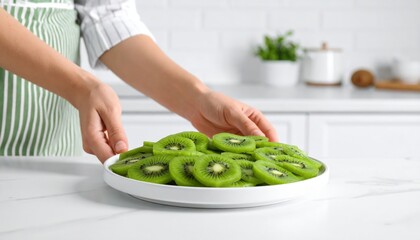 Hands Placing Plate Of Freshly Sliced Green Kiwi Fruit On A White Marble Kitchen Countertop With White Cabinets And Green Striped Apron