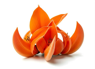 Beautiful orange lily flowers with curved petals and stamens on white background