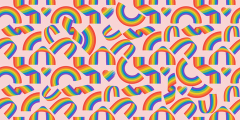 Fototapeta premium Seamless pattern Happy pride month. LGBT issues of diversity spectrum vector illustration. Diverse colorful rainbow doodle background. Multicolor rainbows cartoon in funny hand drawn style.