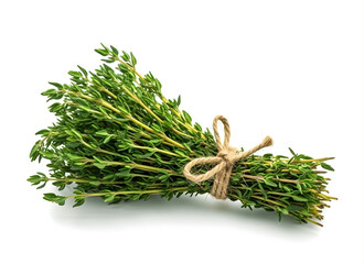 Fresh green thyme herb bunch tied with twine on white surface for cooking and culinary use