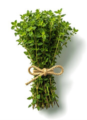 Fresh green thyme herbs tied with jute rope on white background  healthy eating