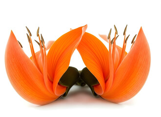 Vibrant orange flower with green leaves and stamens on white background