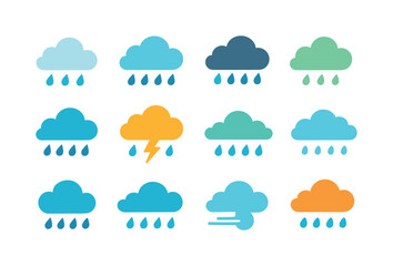 Obraz premium Colorful Rain Cloud Icons. Rain clouds. Colorful flat vector icons set of rain clouds: light rain cloud, heavy rain cloud, dark storm cloud, drizzle cloud,