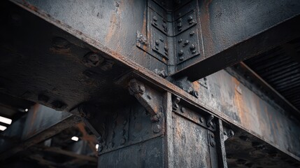Rusty metal supports under old bridge show industrial structure and weathered details in urban area during daytime