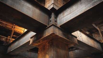 Obraz premium Steel beams intersect in an industrial space with orange light creating shadows during construction at a site