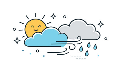 Fototapeta premium Gentle Spring Weather. Early spring forecast concept. Sun and clouds sharing the sky, with small raindrops and wind lines appearing lightly. Friendly editorial