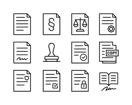 Legal Icon Set. Legal paperwork. Line icon set of Legal paperwork: legal document, clause paragraph, law scale symbol, contract seal, witness signature line,